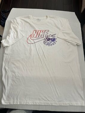 Nike White Short Sleeve T-Shirt with Red Logo and Purple Sun Graphic